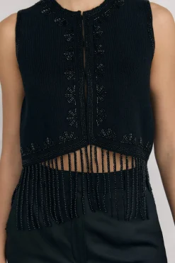 Pedro del Hierro Chaleco de punto bordado flecos Negro