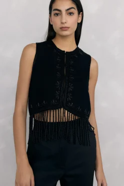 Pedro del Hierro Chaleco de punto bordado flecos Negro