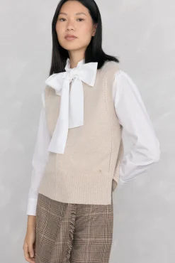 Pedro del Hierro Chaleco de punto lana calados Beige New