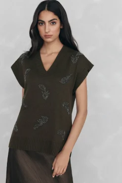 Pedro del Hierro Chaleco de punto pico con pedrería bordada Verde Discount