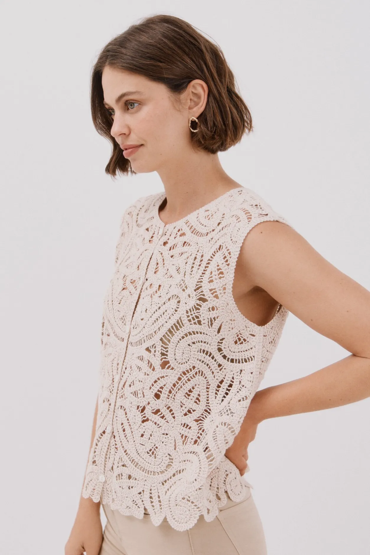 Cortefiel Chaleco tipo crochet Marfil Clearance