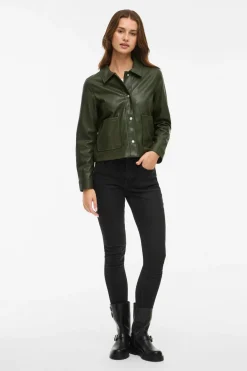 Vila Chaqueta polipiel abotonada Kaki Sale