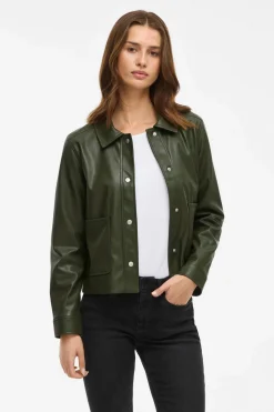 Vila Chaqueta polipiel abotonada Kaki Sale