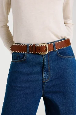 Vila Cinturón de piel con pespuntes Marr&oacute;n New