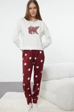 Trendyol Conjunto de pijama estrellas blanco y rojo burdeos Discount