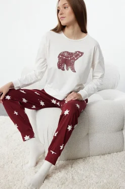 Trendyol Conjunto de pijama estrellas blanco y rojo burdeos Discount