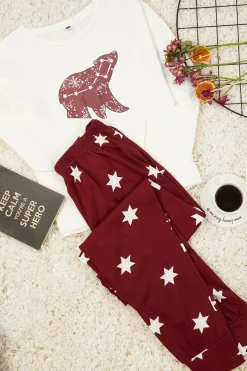 Trendyol Conjunto de pijama estrellas blanco y rojo burdeos Discount