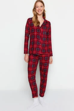 Trendyol Conjunto pijama camisero cuadros rojo Online