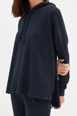 Trendyol Conjunto pijama canalé con capucha azul