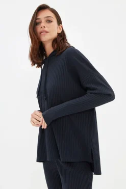 Trendyol Conjunto pijama canalé con capucha azul