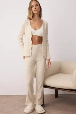 Trendyol Conjunto pijama canalé cárdigan y pantalón beige Outlet