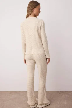 Trendyol Conjunto pijama canalé cárdigan y pantalón beige Outlet