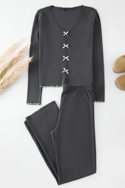 Trendyol Conjunto pijama canalé detalle lazos gris Outlet