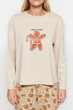 Trendyol Conjunto pijama Galleta jengibre Navidad beige amarillo Clearance