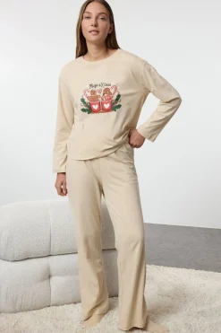 Trendyol Conjunto pijama galletas Navidad 100% algodón beige Discount
