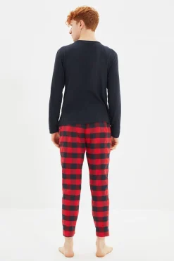 Trendyol Conjunto pijama hombre cuadros rojo y azul estampado Clearance