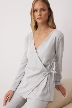 Trendyol Conjunto pijama jaspeado cierre lazo gris New
