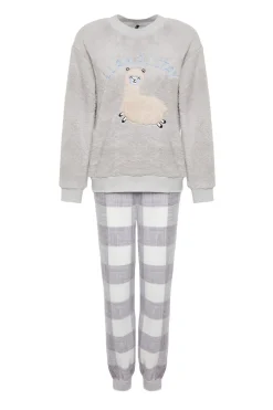 Trendyol Conjunto pijama polar cuadros gris Clearance