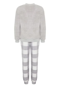 Trendyol Conjunto pijama polar cuadros gris Clearance