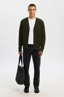 Selected Cárdigan cuello en pico 100% algodón orgánico Verde oscuro Hot