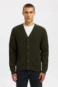 Selected Cárdigan cuello en pico 100% algodón orgánico Verde oscuro Hot