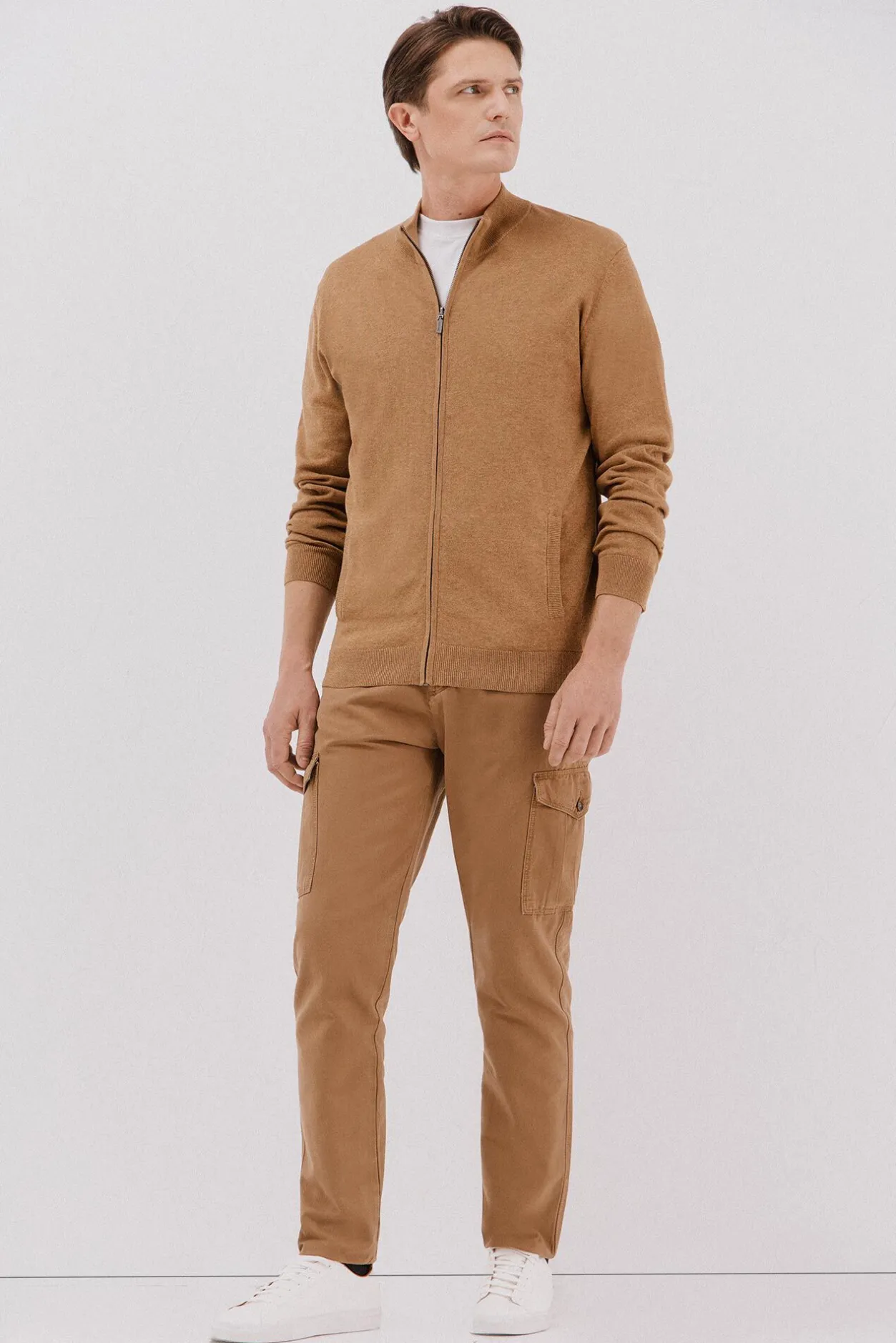 Cortefiel Cárdigan punto fino algodón cremallera Beige