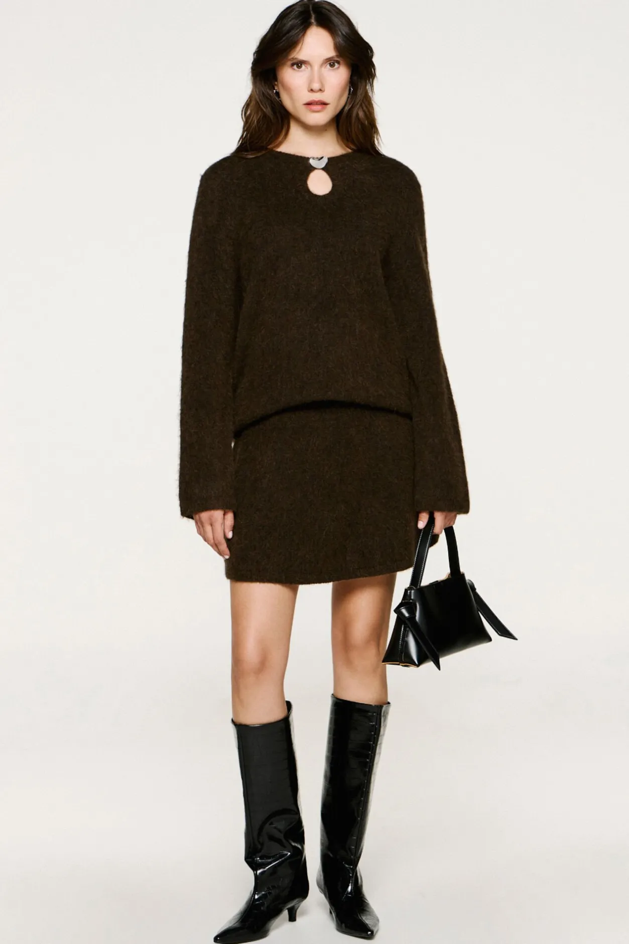 Selected Falda corta alpaca y lana Marr&oacute;n oscuro Outlet