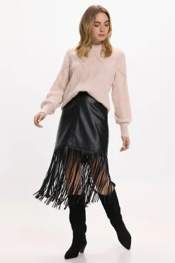 Vila Falda de polipiel con flecos Negro Sale