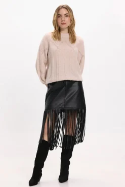 Vila Falda de polipiel con flecos Negro Sale