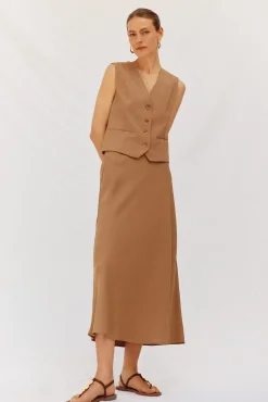 Cortefiel Falda fluída tencel Camel Clearance