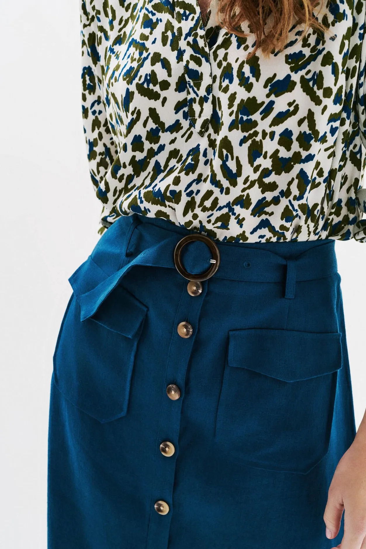 Caroll Falda larga botones 100% lino Azul Online