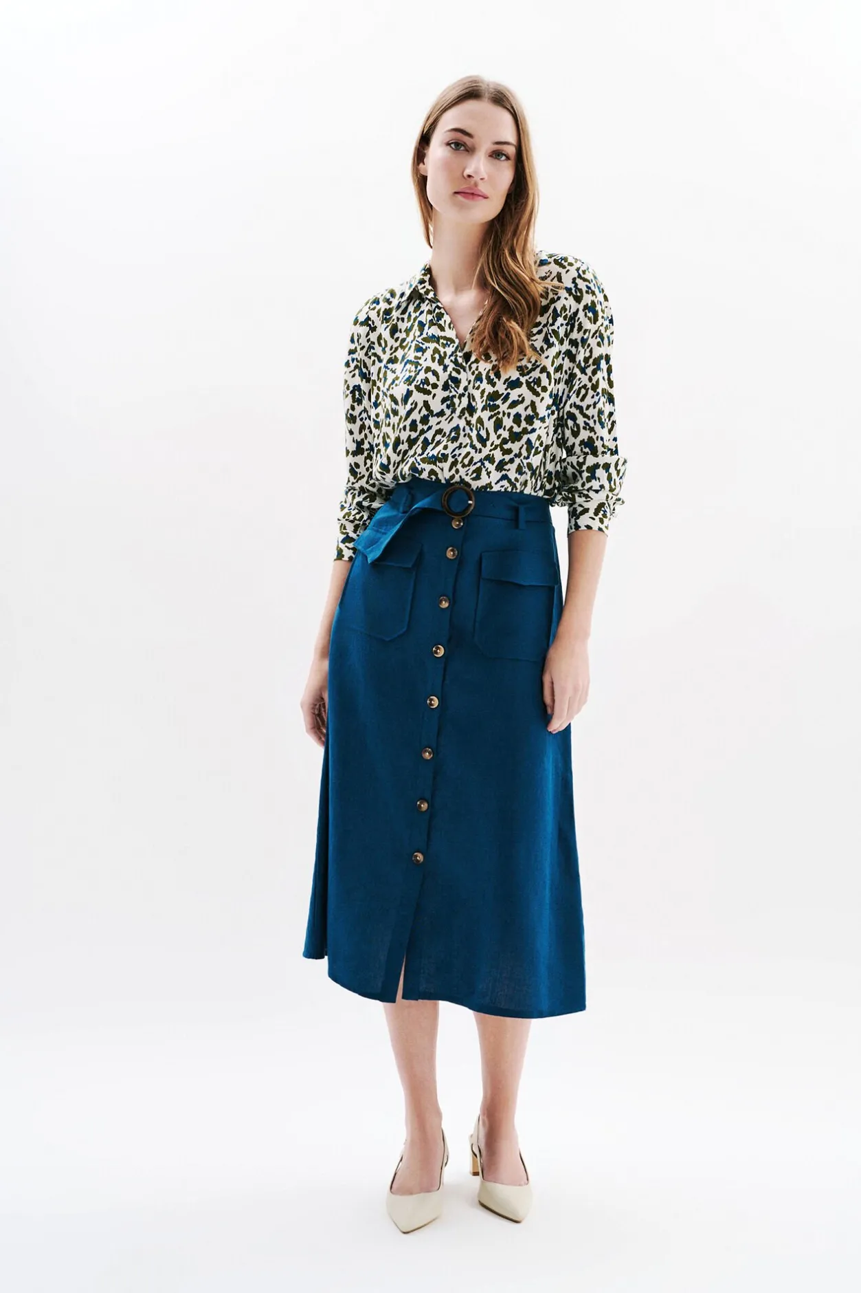 Caroll Falda larga botones 100% lino Azul Online