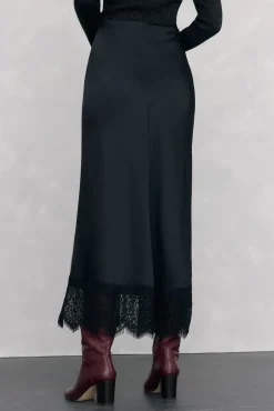 Pedro del Hierro Falda larga satén detalle lace Negro Outlet