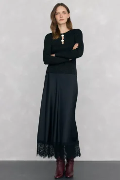 Pedro del Hierro Falda larga satén detalle lace Negro Outlet