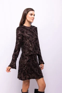 Object Falda lentejuelas y flocado Marr&oacute;n oscuro Hot