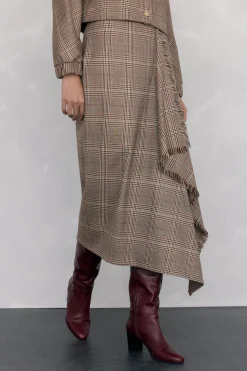 Pedro del Hierro Falda midi cuadros volante desflecado Marr&oacute;n Online