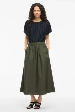 Vila Falda midi de algodón orgánico con viscosa Kaki Hot