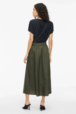 Vila Falda midi de algodón orgánico con viscosa Kaki Hot