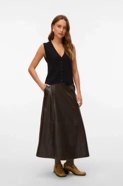 Vero Moda Falda midi efecto piel Marr&oacute;n oscuro Discount