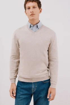 Cortefiel Jersey algodón cashmere cuello pico Beige Best