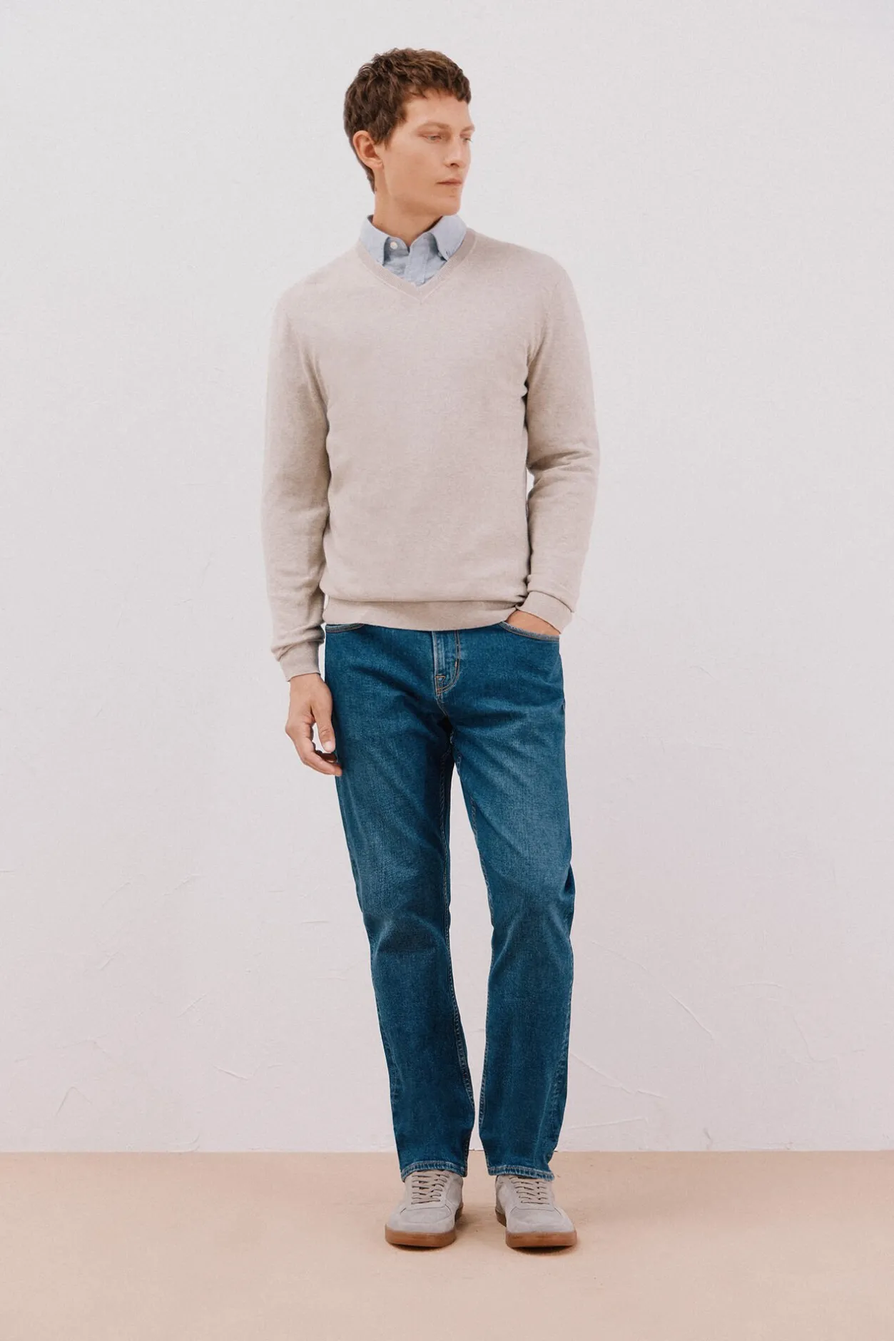 Cortefiel Jersey algodón cashmere cuello pico Beige Best