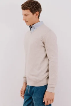 Cortefiel Jersey algodón cashmere cuello pico Beige Best