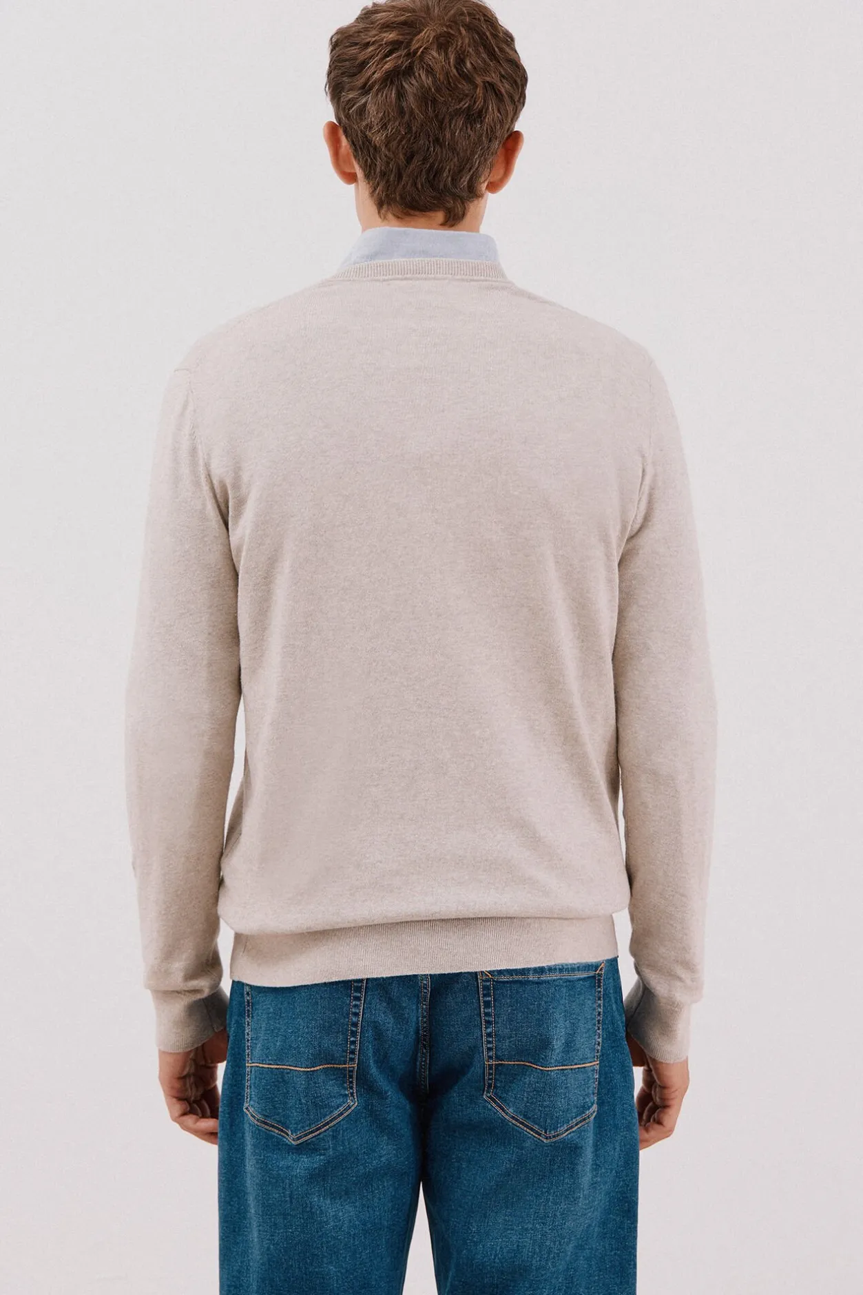 Cortefiel Jersey algodón cashmere cuello pico Beige Best