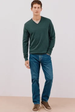 Cortefiel Jersey algodón cashmere cuello pico Verde oscuro Clearance