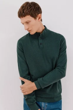 Cortefiel Jersey algodón cashmere cuello alto botones Verde oscuro Clearance