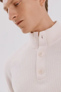 Cortefiel Jersey algodón estructura cuello alto con botones Marfil Discount
