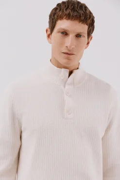 Cortefiel Jersey algodón estructura cuello alto con botones Marfil Discount
