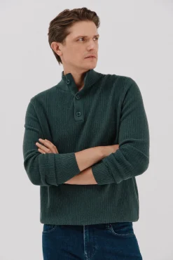 Cortefiel Jersey algodón estructura cuello alto con botones Verde oscuro New