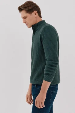 Cortefiel Jersey algodón estructura cuello alto con botones Verde oscuro New