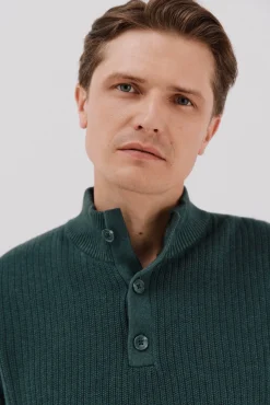 Cortefiel Jersey algodón estructura cuello alto con botones Verde oscuro New